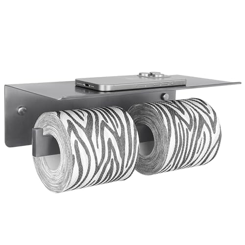 APLusee Gunmetal Gray Double Toilet Paper Holder with Shelf, 304 Stainless Steel Bathroom Tissue Roll Holder, Wall Mounted Paper Dispenser for Bathroom Kitchen, Fits Mega Rolls - color: Gun Gray, size: Double Rod