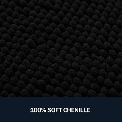 LINLA 3 Pieces Bathroom Rug Set, Absorbent Non Slip Chenille Bath mat, Thick Plush Chenille Carpet Mats Set,Washable Dry Quickly with U-Shaped Toilet Mat for Tub, Shower（Black） - color: Black