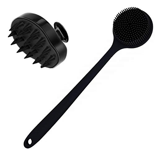 Silicone Body Scrubber & Scalp Massager, Long Handle Shower Brush, Exfoliating Scrubber for Men, Women & Kids - color: Black