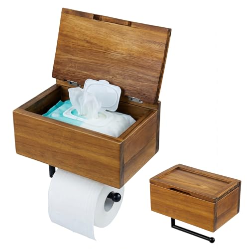 MyGift Mid-Century Modern Solid Acacia Wood Wall Mounted Toilet Paper Holder with Wet Wipes Dispenser and Storage Shelf Tray, Bathroom Organizer