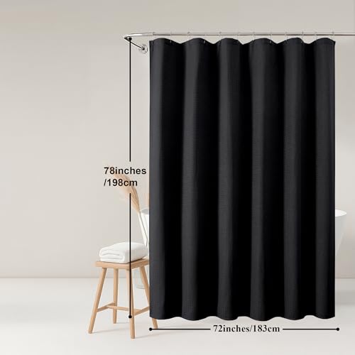 OWENIE Black Waffle Weave Fabric Shower Curtain, Textured Heavy Cloth Shower Curtains for Bathroom, Water Repellent Soft Hotel Spa Luxury Elegant Bath Curtain, Machine Washable, Black, 72x78 Inch - color: Black, size: 72"W x 78"L (Pack of 1)
