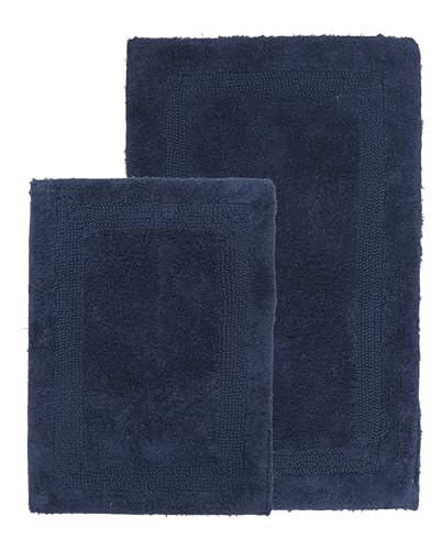 WOVEN ST. Reversible Tufted Bath Rugs | Area Rugs for Spa, Vanity Shower, Bathrooms, Kitchen, Bedroom | Water Absorbent Linens | 100% Cotton | Pack of 2 | 17’’ x 24’’ & 21’’ x 34’’ Inches | Navy Blue - color: Navy, size: 17" x 24" (Rectangular) + 21" x 34