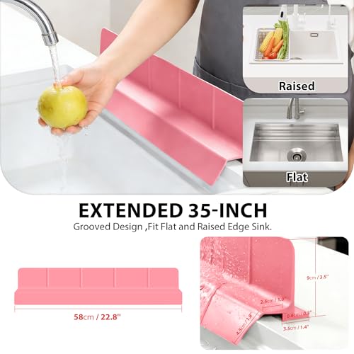 23Inch Sink Splash Guard – Extended Length & Tall Silicone Kitchen Sink Splash Guard with Overhang Drainage Design & Strong Suction Cups for Countertop (Rose Pink, 23''x3.5'') - color: Rose Pink, size: 23''x3.5''