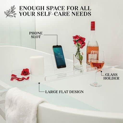 38" Supreme - Clear Acrylic Bathtub Tray Caddy Tub Shelf, Spa Board Luxury Bathroom Bath tub Table, Fits Across Bathtubs, Book, iPad and Wine Glass Holder (Supreme, 38") - size: 38"