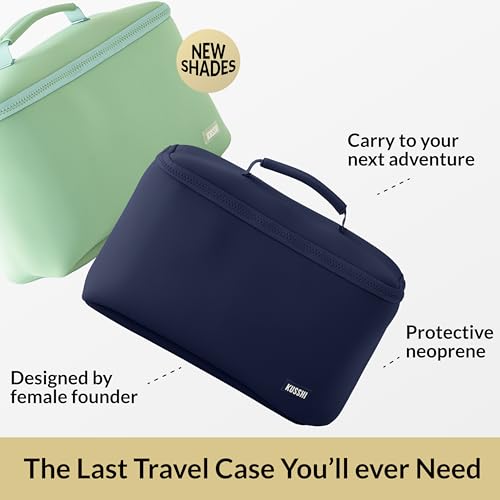 KUSSHI Neoprene Train Case Makeup Bag - Washable Makeup Travel Bag & Vanity Case for Stress Free Travel (Large, Navy/Khaki) - color: Navy/Khaki, size: Large