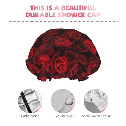 Red Rose Flowers Shower Cap For Women Reusable Waterproof Double Layers Bath Cap Hair Protection Elastic Ladies Spa Salon Shower Hat - color: Red Rose Flowers