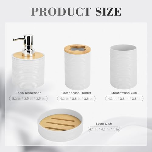 4 PCS White Bathroom Accessories Set, Includes a Soap Dispenser, Toothbrush Holder, Soap Dish and Mouthwash Cup, Plastics & Bamboo Bathroom Set, Bohemian Style Bathroom Sink Set - color: White, size: 4 PCS