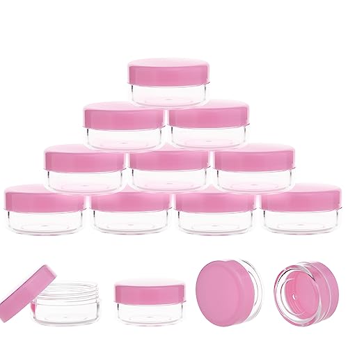 10 Gram Sample Containers with Lids, 10 Pack Sample Jars, Small Cosmetic Travel Container for Makeup, Lotion, Cream, Powder, 10 ML Mini Containers with Pink Lids - color: Pink