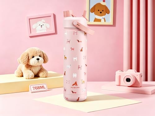 POWCAN 26 oz Insulated Water Bottle with 2-in-1 Straw and Spout Lid, Keep Cold 24H, Leak-Proof, Fits in Car Cup Holder, Stainless Steel Water Bottle for Gift, Home, Trip, Daily Outings (Furry Friends) - color: Furry Friends, size: 26 Ounces