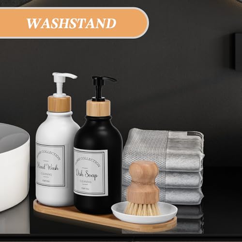 Zopeal 4 Pcs 16 oz Kitchen Soap Dispenser Set with Bamboo Tray and Dish Brush Plastic Soap Dispenser Set with Waterproof Labels for Hand Dish Lotion(Matte Black,White) - color: Matte Black,white