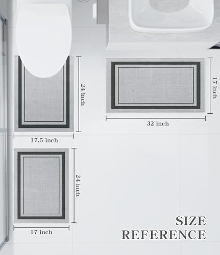 chakme 3 Piece Bathroom Rug Set, Ultra Thin Bath Mat, Absorbent, Non Slip, Machine Washable, Light Grey, 17" x 24" / 17" x 32" / 17.5" x 24" Geometric Design - color: Light Grey, size: 3-Piece (17" x 24" / 17" x 32" / 17.5" x 24")