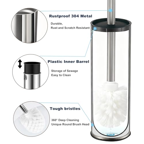 Toilet Brush and Holder Set: 304 Stainless Steel Toilet Bowl Brush for Bathroom Deep Cleaning,Removable Inner Bowl and Splash Protection,Compact and Durable (Silver)