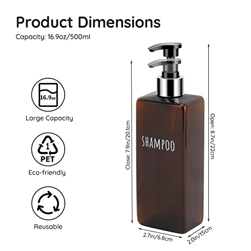 Segbeauty Shampoo and Conditioner Dispenser, 3 Packs 16.9oz Refillable Bathroom Soap Dispenser Set, 500ml Plastic Square Shower Press Pump Bottles Liquid Lotion Dispenser for Kitchen Sink Amber - color: Dark Amber, style: 16.9oz-Silver Pump