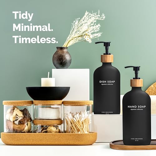 Vine Creations Black Glass Soap Dispenser Set, Hand Soap and Dish Soap Dispenser Set with Bamboo Tray, 16 oz Glass Dispensers Bottle for Kitchen and Bathroom Decor Modern Boho with Bamboo Pump (Black) - color: Black