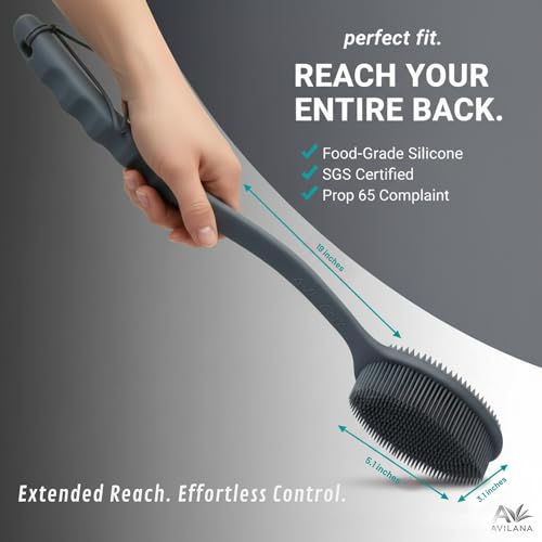 Avilana Silicone Body Scrubber for Shower – SGS Certified Food Grade Dual Sided Bath Brush, Gentle Exfoliating Silicone Loofah Alternative, Sensitive Skin Body Brush (Blue, Long Handle) - color: Blue, size: Long Handle