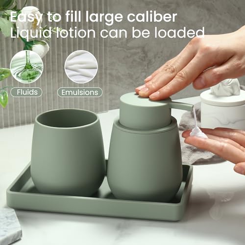Bathroom Accessories Set, Modern 3 Pcs Bathroom Essentials - Soap Dispenser, Toothbrush Holder & Tray, Countertop Vanity Organizer (Green) - color: Green