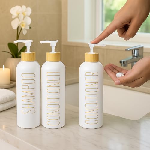 3-Pack 16oz Refillable Glass Shower Dispenser Set with Bamboo Pump, Tray, and Funnel for Shampoo, Conditioner, and Body Wash – Perfect for Bathroom and Guest Rooms (White)