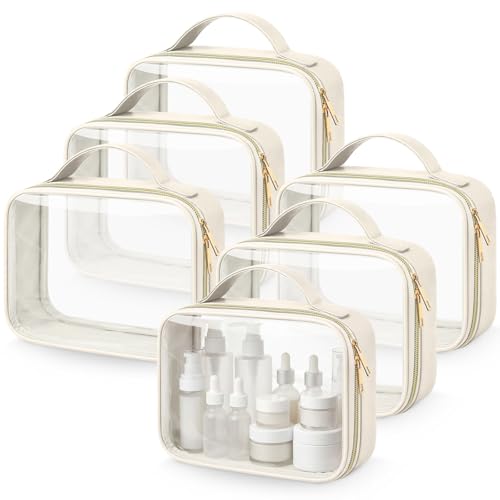 Abbylike 6 Pcs Clear Makeup Bags Bulk 7.9 x 5.9 x 2.4 Inches Quart Size Approved PU Leather Toiletry Bag with Handles Small PVC Clear Travel Cosmetic Case for Women Wedding Bridal Gifts(Beige) - color: Beige