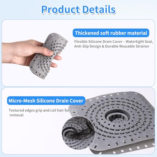 Premium Silicone Shower Drain Cover Hair Catcher, 3 Pack with Clean-Out Tool & Drain Clog Remover, Bathroom Sink Strainer - Flexible & Durable for Tub Shower, Bath, Laundry