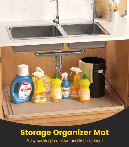 Wohbay Under Sink Mats for Kitchen Waterproof, Cut to Fit Under Sink Drip Tray for Kitchen Bathroom Cabinets, Silicone Under-Cabinet Hold Up to 3.3 Gallons Liquid, 34" X 22" Or Smaller -Khaki - color: Khaki