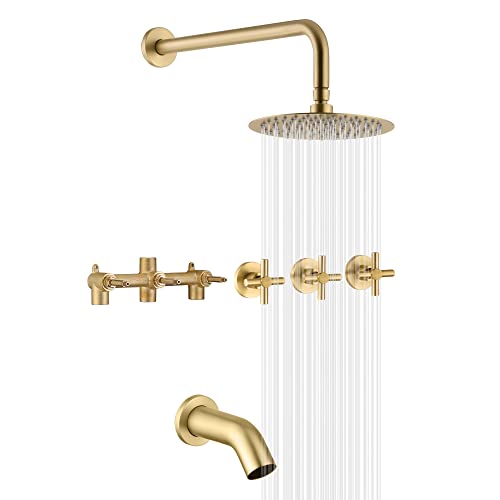 SUMERAIN 3 Handle Tub Shower Faucet Set Brushed Gold | High Pressure Waterfall Tub Spout, 3-Cross Handles, Wall Mounted, 8 Inches Rain Shower Head, Brass Rough in Valve - color: Brushed Gold