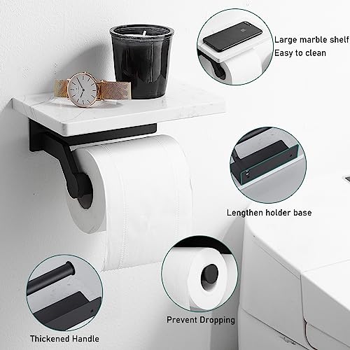 Hoimpro Matte Black Aluminum Toilet Paper Holder with White Natural Marble Shelf, Wall Mounted Tissue Hand Paper Roll Storage Holder for Bathroom Kitchen Washroom Bedroom - color: Black