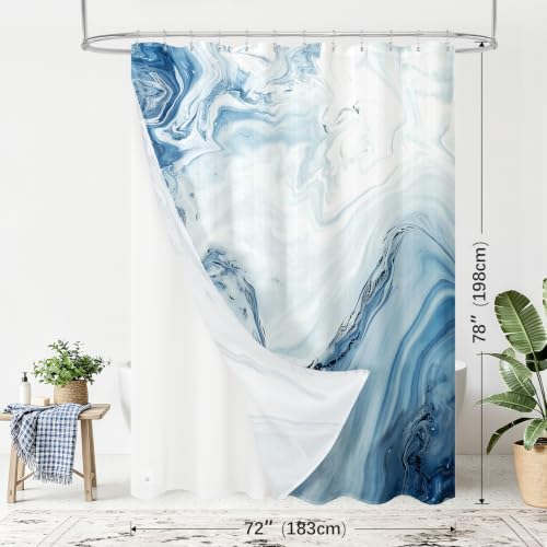 MitoVilla 3 in 1 Long Blue Marble Shower Curtain Set-72 W x 78 H, Modern Ripple Shower Curtain and Waterproof Fabric PEVA Liner Set with 12 Stainless Steel Hooks - color: 3 in 1 - Blue, size: 72"W x 78"L (Pack of 1)