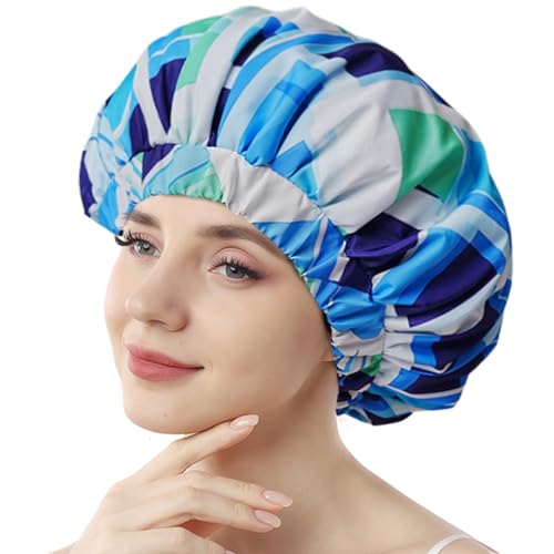 Years Calm Shower Caps for Women Reusable Waterproof, Double-Layer Extra Large Elastic Hair Cap for Shower for Long Hair & Braids, Travel & Home - color: blue