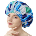 Years Calm Shower Caps for Women Reusable Waterproof, Double-Layer Extra Large Elastic Hair Cap for Shower for Long Hair & Braids, Travel & Home - color: blue
