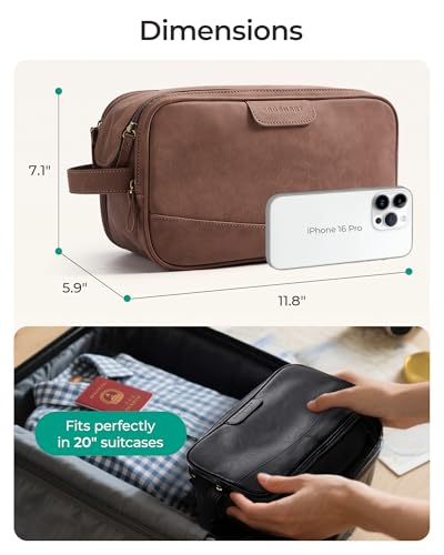 BAGSMART Large Toiletry Bag for Men, Soft Matte PU Leather Travel Bag for Toiletries, Dopp Kit Water Resistant Shaving Bag for Bathroom Shower-Dark Brown - color: Dark Brown (Soft Matte), size: Large-8L