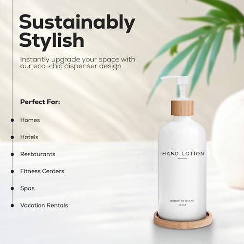 White Glass Lotion Dispenser with Pump Bathroom Set by Brighter Barns - Hand Lotion Dispenser with Tray - Modern Bathroom Decor - Boho Bedroom Decor for Housewarming Gift, Airbnb, Hotel (White) - color: White L