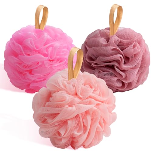 Fishent Bath Loofah Sponge, 3 Pack loofahs Exfoliating Body Scrubber, 60g Soft Mesh Pouf Shower Puffs, Loofa for Women and Men - style: 60g-Pink-Peach-Coral