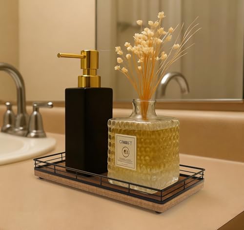 Bathroom Vanity Tray for Countertop, 12" x 6" Acacia Wood Toilet Tank Tray | Metal Guardrail, Bathroom Organizer for Soap, Perfume & Skincare, Non-Slip Decorative Tray for Dresser, Black & Acacia - color: Acacia, size: 12" x 6" x 1.5"