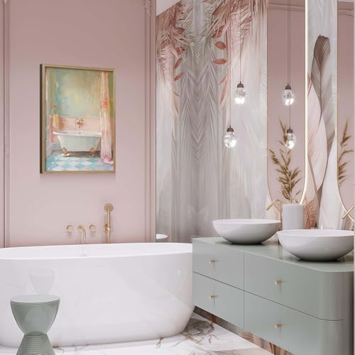 Framed Vintage Bathroom Canvas Wall Art Oil painting style Bathtub Print Poster Picture Home Decor Gallery Style Painting Bathroom Living Room Apartment 12X16 Inch Ready to Hang - color: Pink blue bathroom, size: 16L" x 12W"