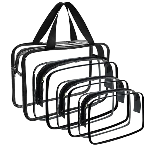 4 Packs Large Clear Cosmetic Bag, Waterproof Clear Makeup Toiletry Organizer Pouch, Reusable PVC Plastic Storage Bags with Zipper for Travel - color: Black
