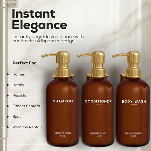 Luxury Shampoo and Conditioner Dispenser Set Wall Mounted by Brighter Barns - Plastic Shower Dispenser Set - 3 Chamber Drill Free Shampoo Bottle - Modern Bathroom Decor for Guest Bathroom (Amber Gold) - color: Amber Gold
