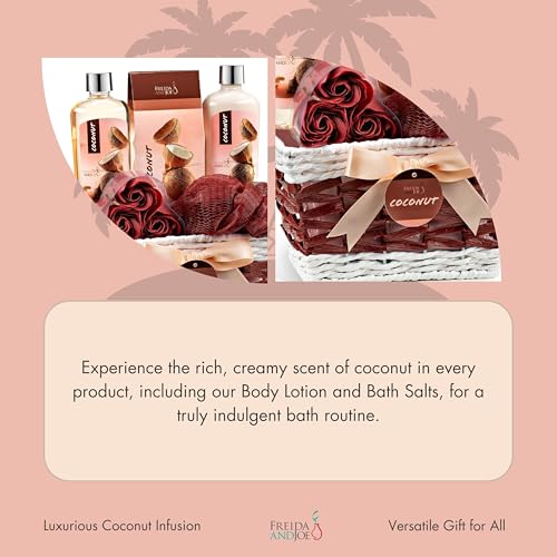 Coconut Spa with Wicker Gift Basket Bath & Body Set, Pink & Brown | Shower Gel, Body Lotion, Bath Salts, Soap Flowers, Wicker Basket