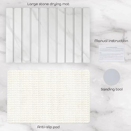 Stone Dish Drying Mat 24" x 16" – Dish Drying Stone Mat – Large Diatomaceous Earth Drying Mat with Non-Slip Base – Quick Dry Kitchen Drying Pad for Dishes, Glassware & Bottles (Marbled White) - color: Marbled White