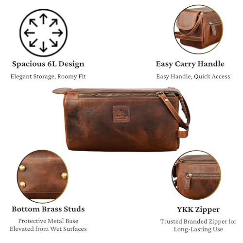 Full Grain Leather Toiletry Kit for Men & Women – Travel Toiletries & Shaving Bag Organizer, Water-Resistant Grooming Case for Bathroom, Makeup & Cosmetic Storage - Rustic Brown - color: Rustic Brown