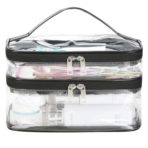 HAOGUAGUA Double Layer Clear Cosmetic Bag Makeup Bag, Waterproof Travel Toiletry Bag, Transparent PVC Pouch Organizer (Black-large) - color: Black-large