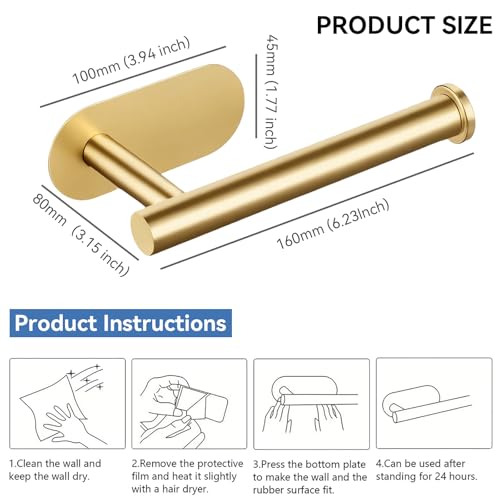 2 Packs Toilet Paper Holder No-Drill Self-Adhesive Towel Rack Stainless Steel Waterproof Rustproof Roll Paper Holder for Bathroom Washroom RVs (Gold) - color: Gold