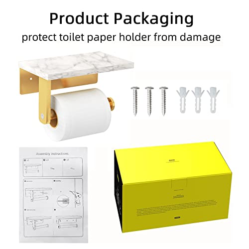 Brushed Gold Toilet Paper Holder with Natural Marble Shelf, 304 Stainless Steel Screw Wall Mounted, Tissue Roll Paper Holder Dispenser for Bathroom Washroom - color: Gold