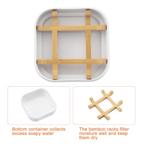 uxcell Wooden Soap Holder, Detachable Self Draining Square Soap Dishes with Lid, Wooden Bamboo Soap Bar Tray for Shower (Double Pack Rounded White) - color: White