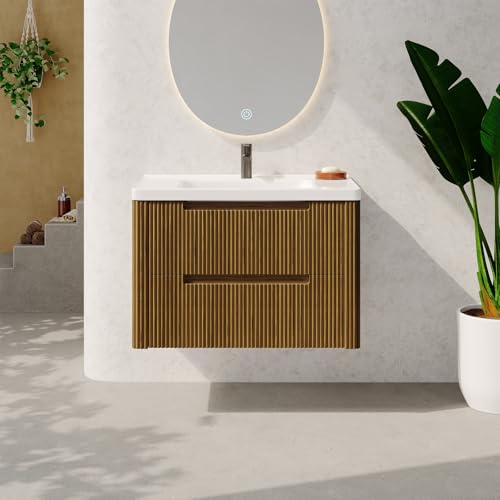 ONBRILL Modern Bathroom Vanity with Sink Combo, Curved Floating Bath Vanity with 2 Drawer, Wall Mount Bathroom Vanities with Integrated Ceramic Sink for Small Space, Apartment (Walnut, 32“) - color: Walnut, size: 32“