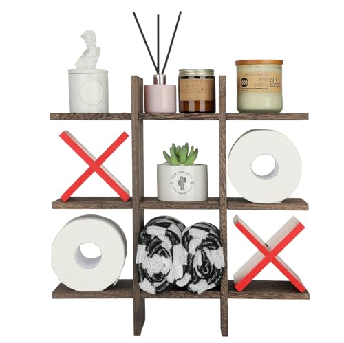 Weysat Tic Tac Toe Toilet Paper Holder Stand Bathroom Wall Decor Rustic Wooden Hanging Storage Freestanding Wall Mounted Shelves Decor for Toilet Tissue Farmhouse - color: Brown, Red