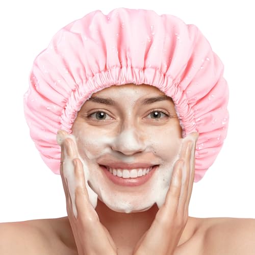 Pink Shower Cap for Women Terry Lined Bath Cap Large Reusable Waterproof Elastic Band Shower Caps for Long Thick Hair Soft Bath Shower Hair Caps - color: PINK