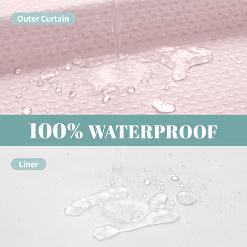 eachope BlushPink No Hook Waffle Weave Shower Curtain with snap-in Liner Replacement, 230GSM Waterproof Fabric Hotel Shower Curtain Set for Bathroom, Through Mesh Top Window,71Wx74H - color: Blushpink, size: 71"W x 74"L (Pack of 1)