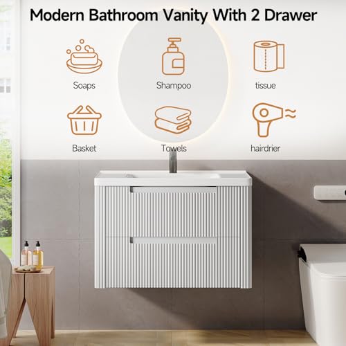 ONBRILL Modern Bathroom Vanity with Sink Combo, Curved Floating Bath Vanity with 2 Drawers, Wall Mount Bathroom Vanities with Integrated Ceramic Sink for Small Space, Apartment (White, 32“) - color: White, size: 32“