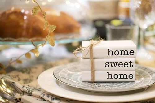LIVDUCOT Farmhouse Mini White Decorative Books for Tiered Tray Decor - Wooden Book Stack Faux Books for Coffee Table Living Room Decoration - Small Shelf Decor Accent - color: home sweet home