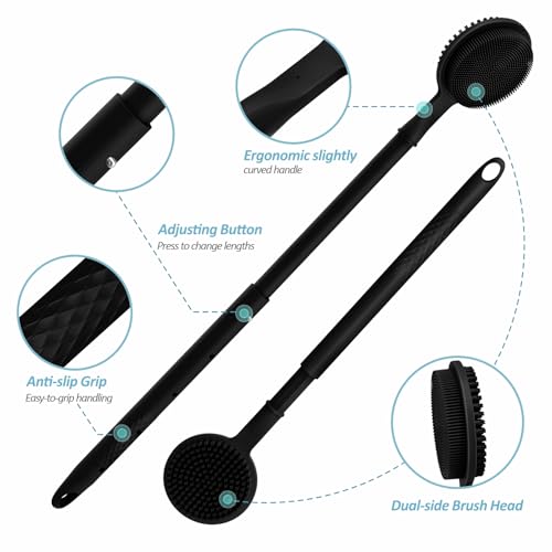 Silicone Back Scrubber & Soft Bath Glove 2PCS, 16''- 24'' Extendable Shower Scrubber with Dual-Side Head, 360° Anti-Slip & Hand-fit Silicone Body Scrubber for Rich Foaming Deep Cleaning(Black) - color: Black*2
